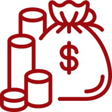 A red outline illustration of a money bag with a dollar sign and several stacks of coins beside it.